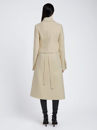 Proenza Schouler Back full length image of model wearing Kinsley Jacket in Boucle Twill Suiting in Off White