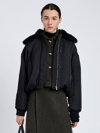 Proenza Schouler Front cropped image of model wearing Vadra Jacket in Recycled Nylon Twill in Black