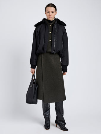 Proenza Schouler Front full length image of model wearing Vadra Jacket in Recycled Nylon Twill in Black