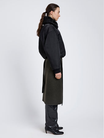 Proenza Schouler Side full length image of model wearing Vadra Jacket in Recycled Nylon Twill in Black