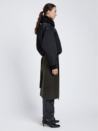 Proenza Schouler Side full length image of model wearing Vadra Jacket in Recycled Nylon Twill in Black