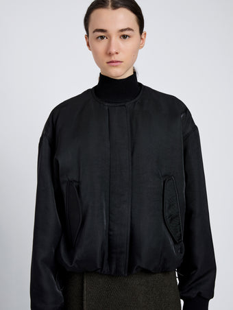 Proenza Schouler Detail image of model wearing Vadra Jacket in Recycled Nylon Twill in Black