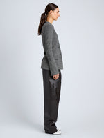 Proenza Schouler Side full length image of model wearing Annemarie Jacket in Melange Suiting in Dark Grey Melange