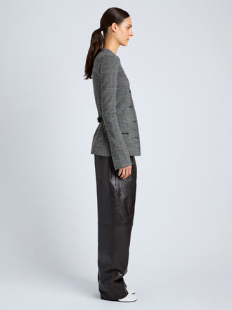 Proenza Schouler Side full length image of model wearing Annemarie Jacket in Melange Suiting in Dark Grey Melange