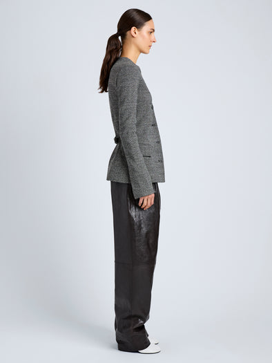 Proenza Schouler Side full length image of model wearing Annemarie Jacket in Melange Suiting in Dark Grey Melange