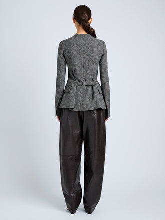 Proenza Schouler Back full length image of model wearing Annemarie Jacket in Melange Suiting in Dark Grey Melange