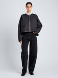 Proenza Schouler Front full length image of model wearing Ticiana Jackets in Double Wool Twill in Charcoal Melange