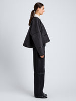 Proenza Schouler Side full length image of model wearing Ticiana Jackets in Double Wool Twill in Charcoal Melange
