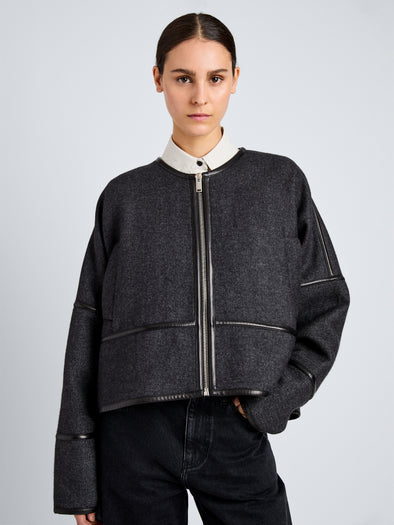 Proenza Schouler Detail image of model wearing Ticiana Jackets in Double Wool Twill in Charcoal Melange