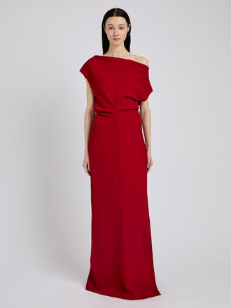 Proenza Schouler Front full length image of model wearing Rosina Dress in Light Double Crepe in Scarlet