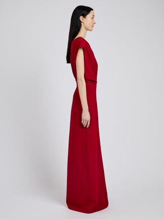 Proenza Schouler Side full length image of model wearing Rosina Dress in Light Double Crepe in Scarlet