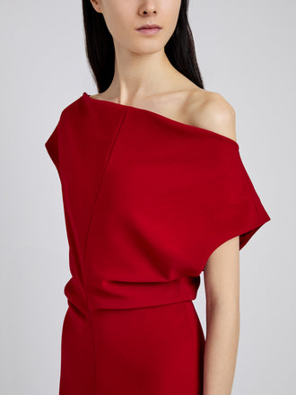 Proenza Schouler Detail image of model wearing Rosina Dress in Light Double Crepe in Scarlet