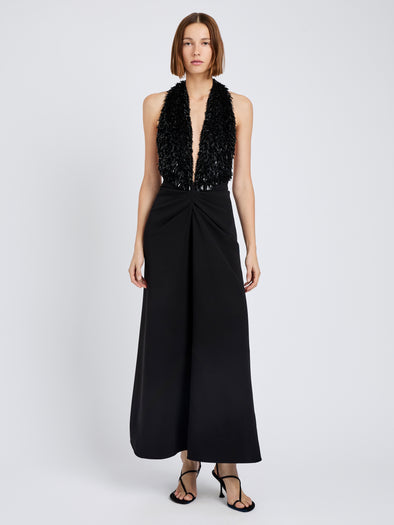 Proenza Schouler Front full length image of model wearing Moira Dress in Embroidered Compact Crepe in Black