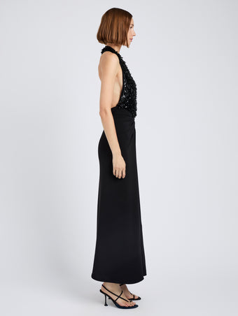 Proenza Schouler Side full length image of model wearing Moira Dress in Embroidered Compact Crepe in Black