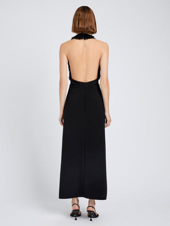 Proenza Schouler Back full length image of model wearing Moira Dress in Embroidered Compact Crepe in Black