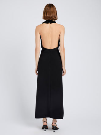 Proenza Schouler Back full length image of model wearing Moira Dress in Embroidered Compact Crepe in Black