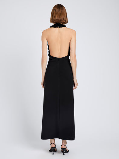 Proenza Schouler Back full length image of model wearing Moira Dress in Embroidered Compact Crepe in Black
