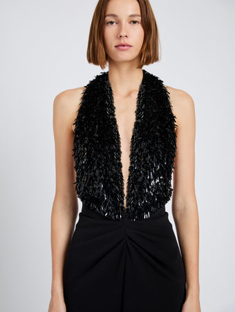 Proenza Schouler Detail image of model wearing Moira Dress in Embroidered Compact Crepe in Black