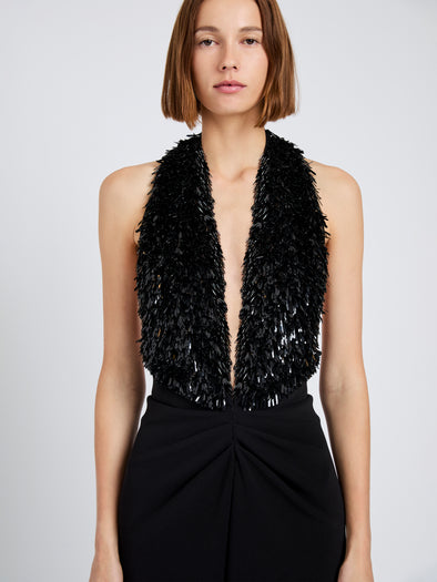 Proenza Schouler Detail image of model wearing Moira Dress in Embroidered Compact Crepe in Black