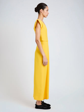 Proenza Schouler Side full length image of model wearing Mariam Dress in Wool Scuba in Canary
