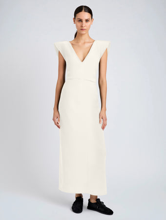 Proenza Schouler Front full length image of model wearing Mariam Dress in Wool Scuba in Off White