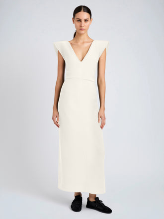 Proenza Schouler Front full length image of model wearing Mariam Dress in Wool Scuba in Off White