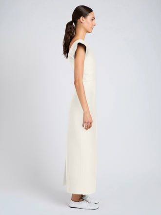 Proenza Schouler Side full length image of model wearing Mariam Dress in Wool Scuba in Off White
