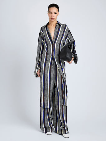 Proenza Schouler Front full length image of model wearing Amira Dress in Printed Silk Habotai in Black Multi