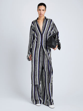 Proenza Schouler Front full length image of model wearing Amira Dress in Printed Silk Habotai in Black Multi