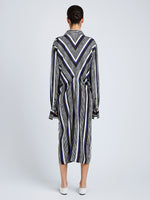 Proenza Schouler Side full length image of model wearing Amira Dress in Printed Silk Habotai in Black Multi
