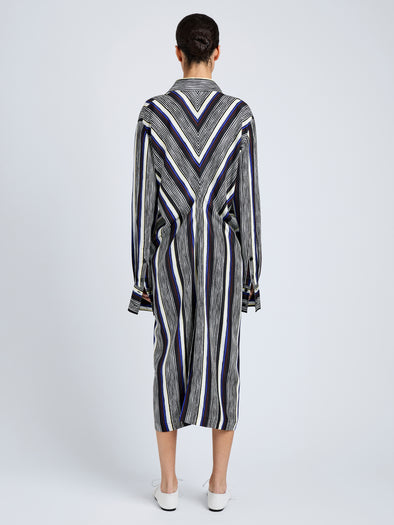 Proenza Schouler Side full length image of model wearing Amira Dress in Printed Silk Habotai in Black Multi
