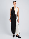 Proenza Schouler Front full length image of model wearing Elsa Dress in Matte Double Crepe in Black Multi