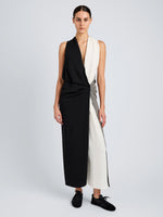 Proenza Schouler Front full length image of model wearing Elsa Dress in Matte Double Crepe in Black Multi