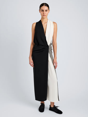 Proenza Schouler Front full length image of model wearing Elsa Dress in Matte Double Crepe in Black Multi