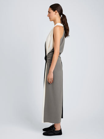 Proenza Schouler Side full length image of model wearing Elsa Dress in Matte Double Crepe in Black Multi