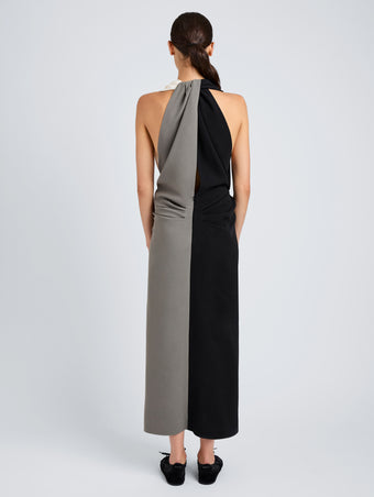 Proenza Schouler Back full length image of model wearing Elsa Dress in Matte Double Crepe in Black Multi