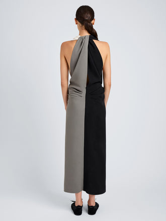 Proenza Schouler Back full length image of model wearing Elsa Dress in Matte Double Crepe in Black Multi