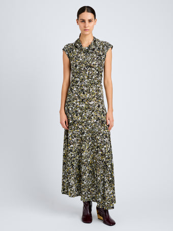 Proenza Schouler Front full length image of model wearing Tamara Dress in Printed Matte Jersey in Rust Multi