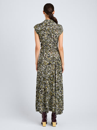 Proenza Schouler Back full length image of model wearing Tamara Dress in Printed Matte Jersey in Rust Multi