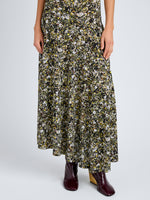 Proenza Schouler Detail image of model wearing Tamara Dress in Printed Matte Jersey in Rust Multi