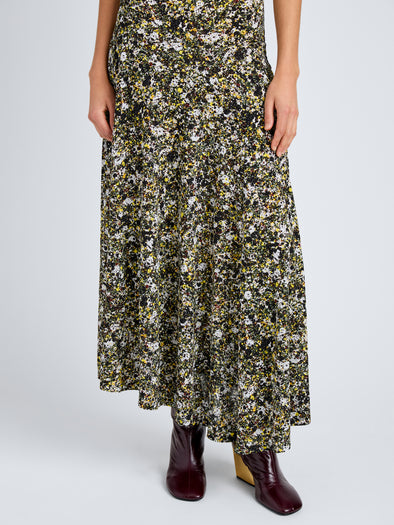 Proenza Schouler Detail image of model wearing Tamara Dress in Printed Matte Jersey in Rust Multi