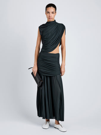 Proenza Schouler Front full length image of model wearing Irma Dress in Gauzy Jersey in Bottle Green