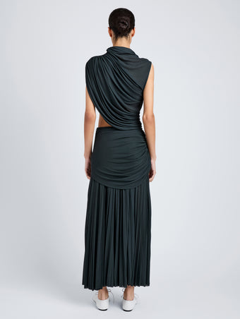 Proenza Schouler Back full length image of model wearing Irma Dress in Gauzy Jersey in Bottle Green
