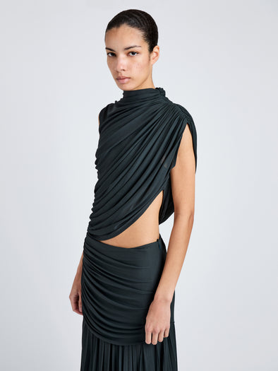 Proenza Schouler Detail image of model wearing Irma Dress in Gauzy Jersey in Bottle Green