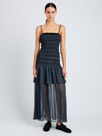 Proenza Schouler Front full length image of model wearing Michal Dress in Melange Georgette in Dark Navy