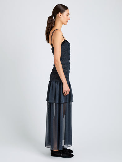 Proenza Schouler Side full length image of model wearing Michal Dress in Melange Georgette in Dark Navy