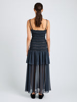 Proenza Schouler Back full length image of model wearing Michal Dress in Melange Georgette in Dark Navy