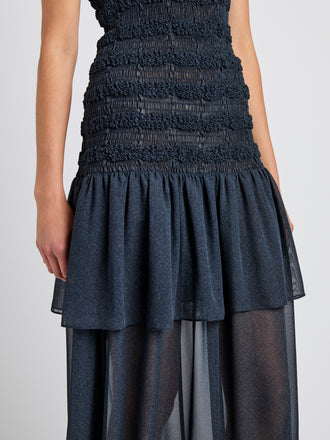 Proenza Schouler Detail image of model wearing Michal Dress in Melange Georgette in Dark Navy