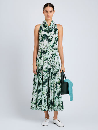 Proenza Schouler Front full length image of model wearing Adelide Dress in Printed Silk Viscose in Dark Green Multi