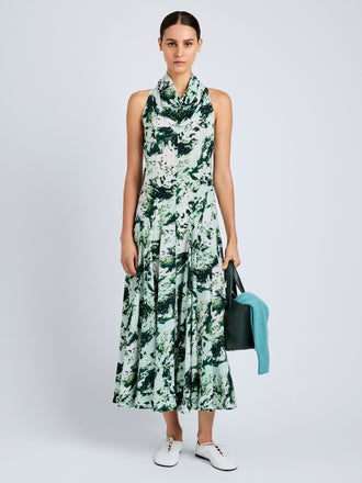 Proenza Schouler Front full length image of model wearing Adelide Dress in Printed Silk Viscose in Dark Green Multi